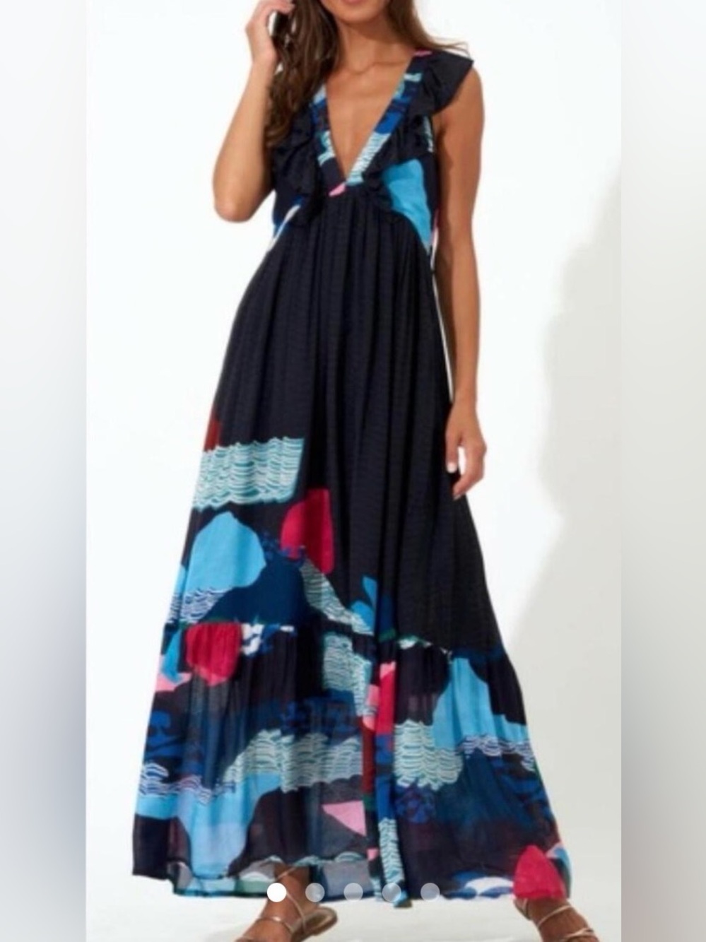 Oliphant Black Maxi Dress with Blue & Pink Accents